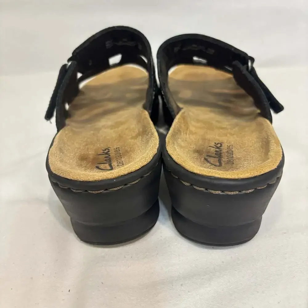 Clarks Bendables Black Leather Wedge Comfort Sandals Size 9
